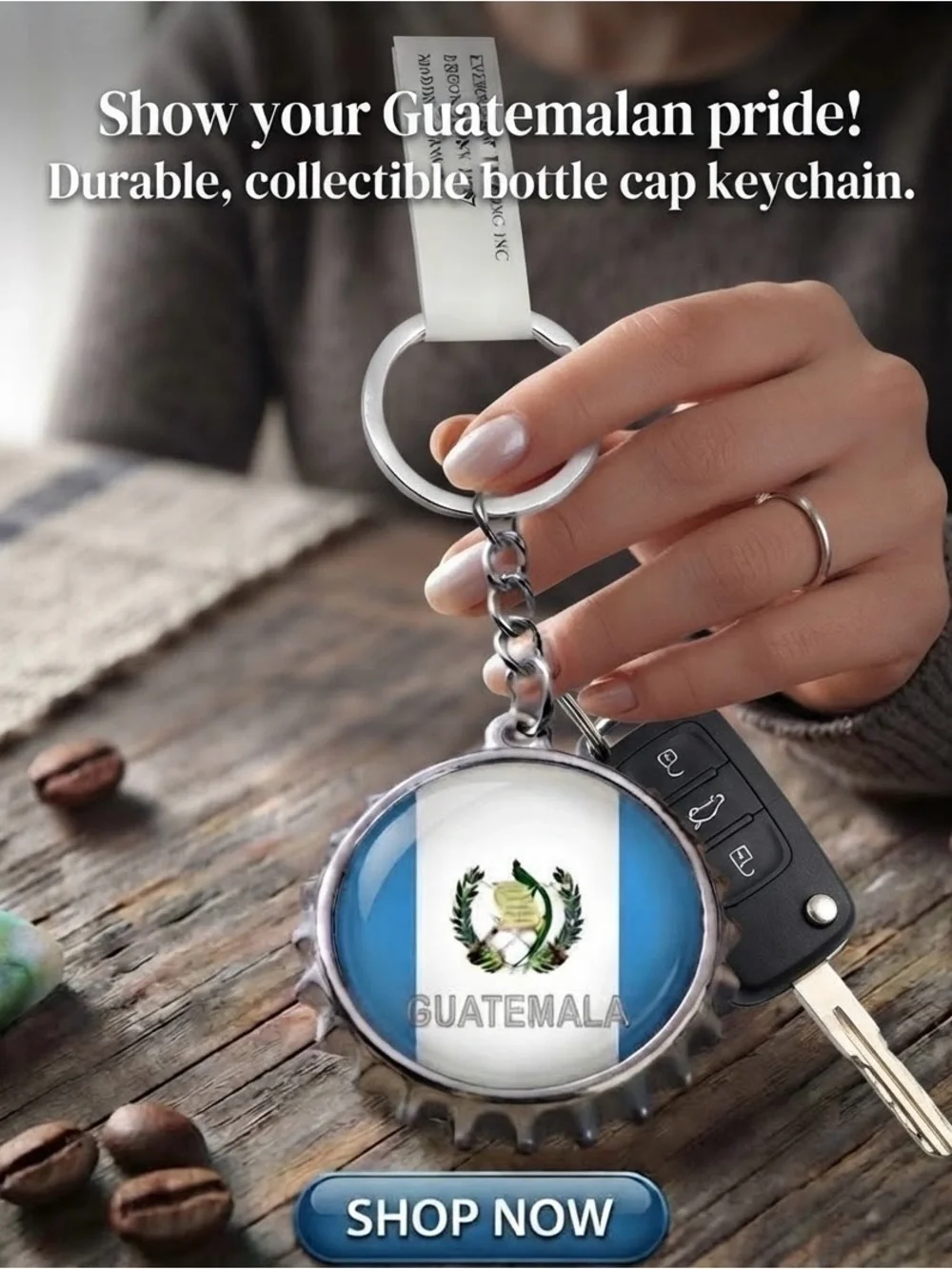 Guatemala Flag Bottle Cap Keychain - Silver